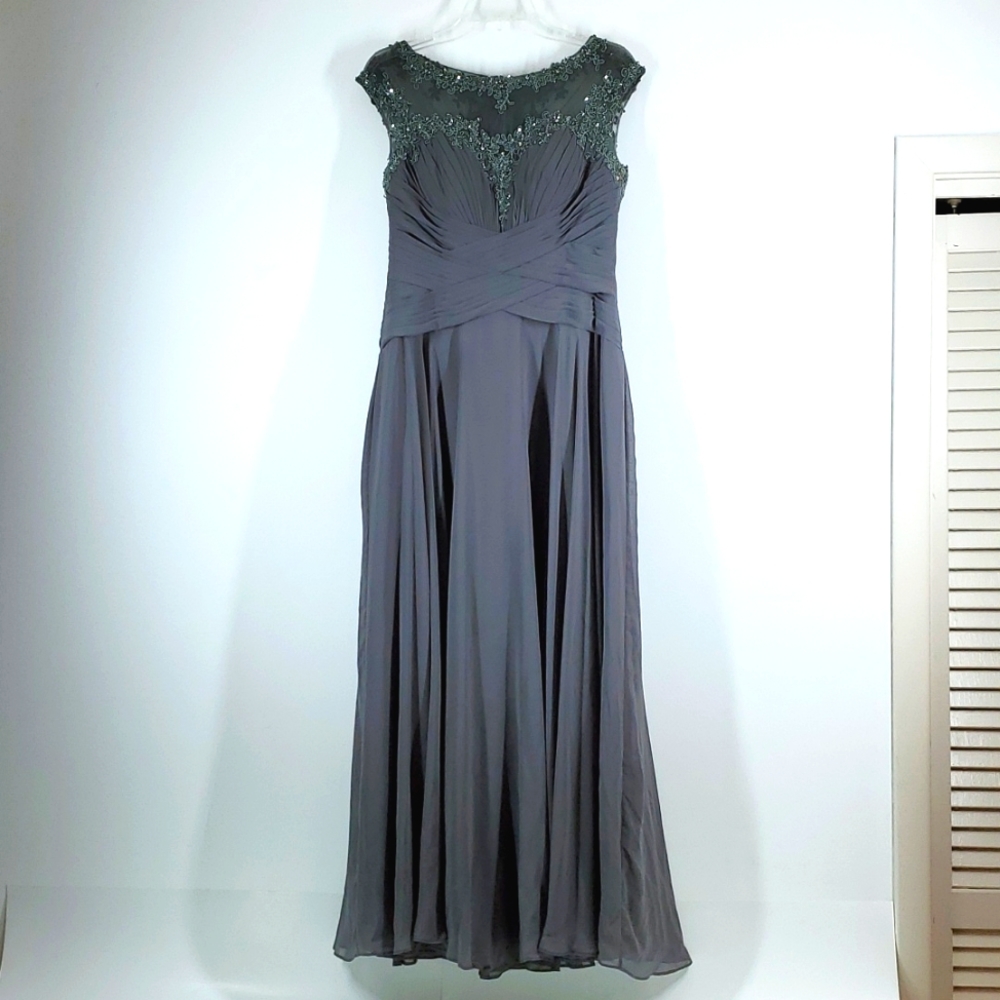 Azazie Dark Gray Sequin Beaded Illusion Neck Sleeveless Evening Gown Formal